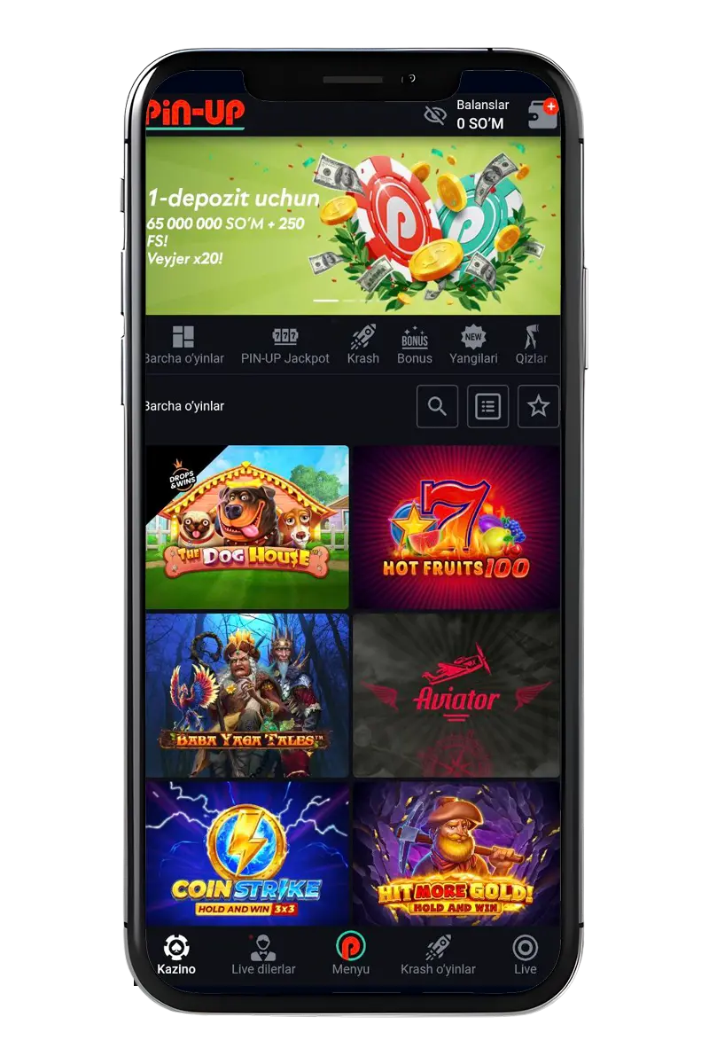 Rasmiy kazino mobil ilovasining skrinshoti