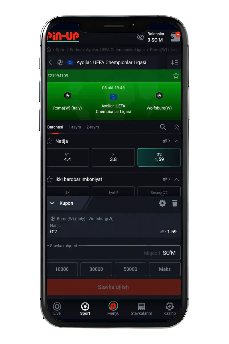 Rasmiy kazino mobil ilovasining skrinshoti