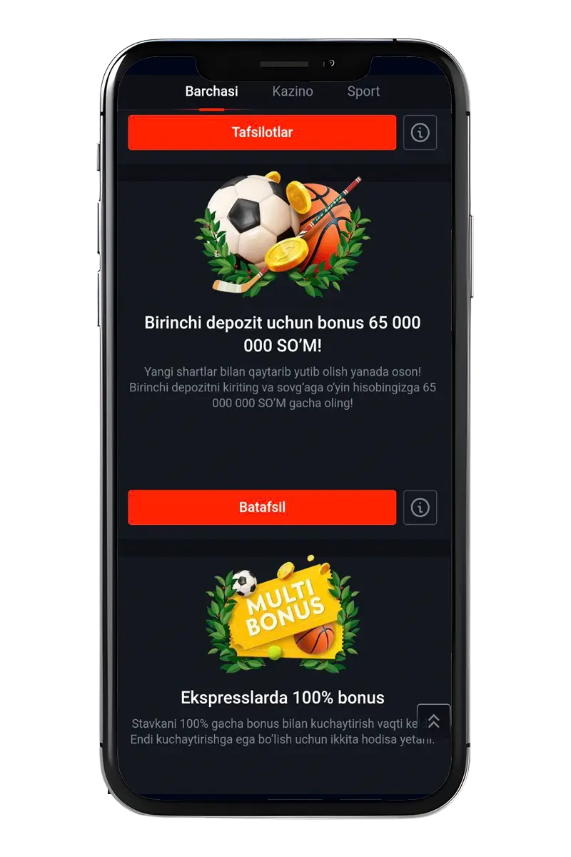Rasmiy kazino mobil ilovasining skrinshoti